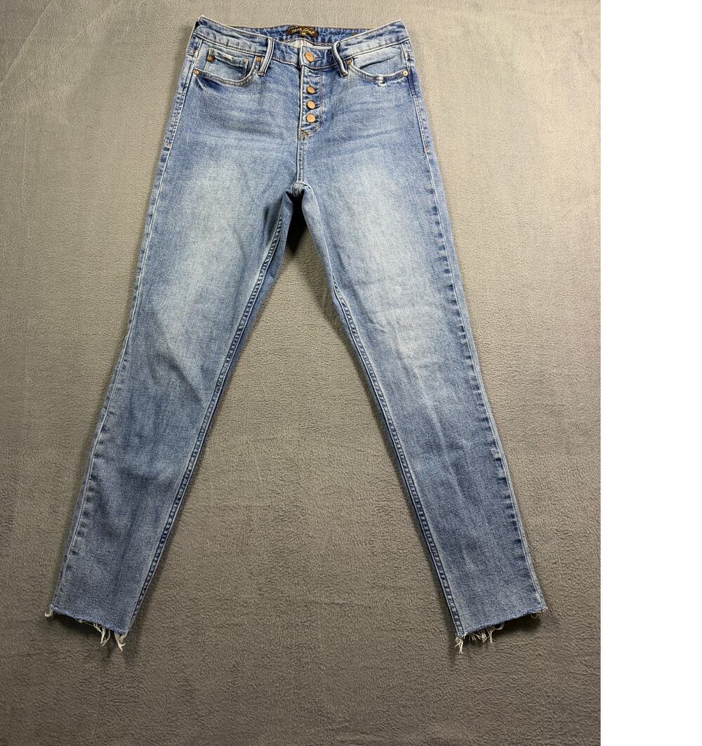 Dear John 28 High Rise Medium Wash Exposed Button Fly Raw Fray Hem Skinny Jeans
